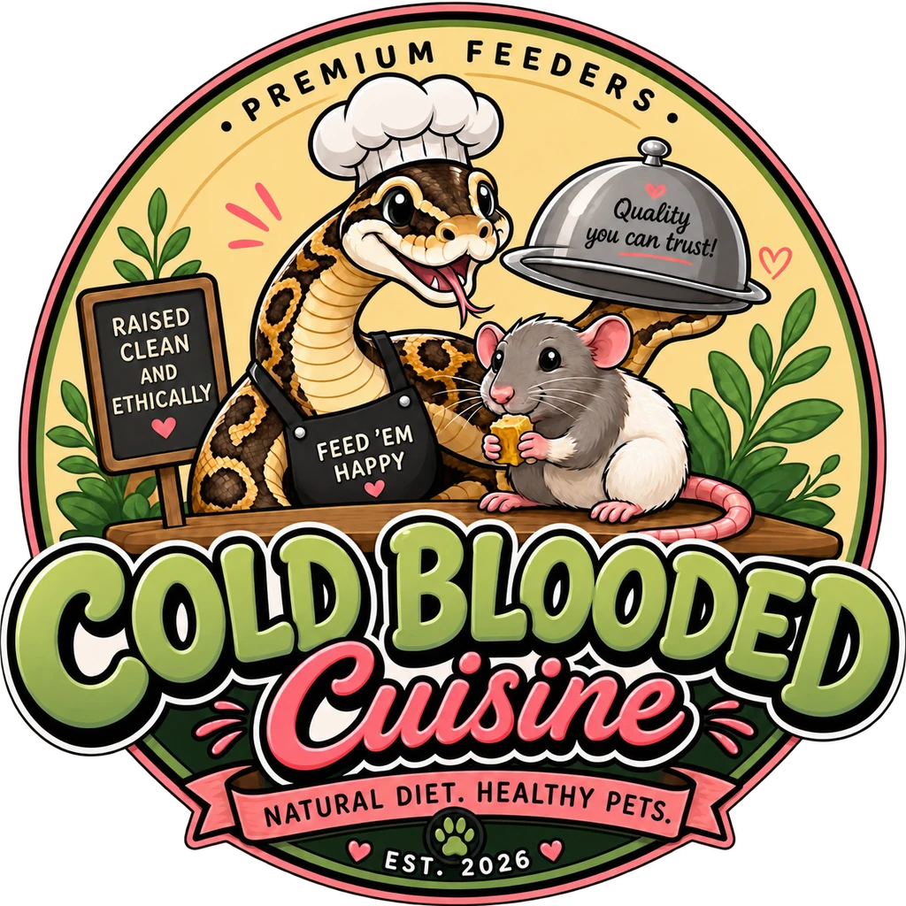 Cold Blooded Cuisine Premium Feeders logo with a snake chef and feeder rat