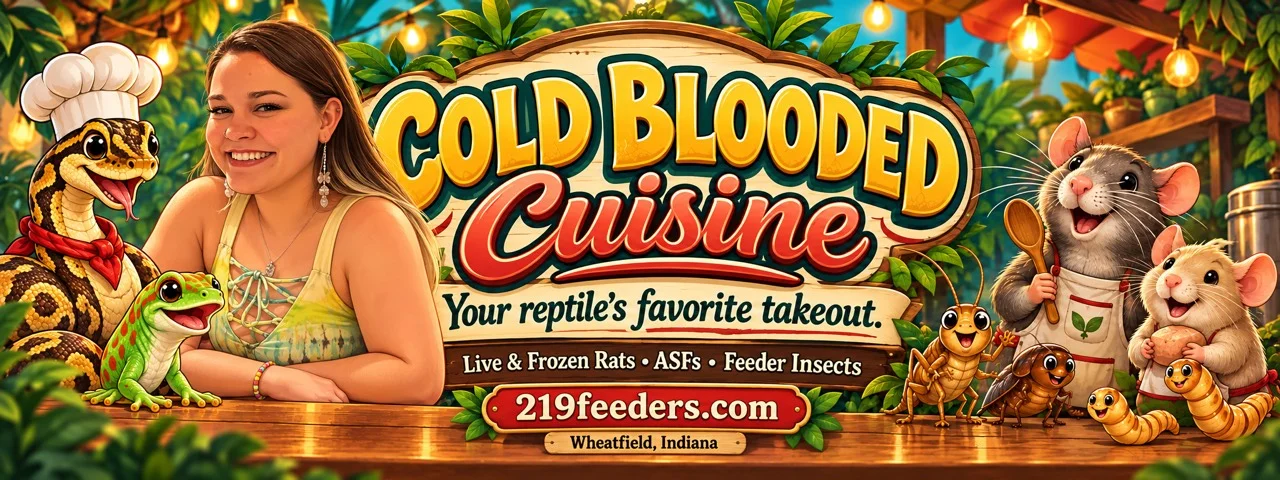 Cold Blooded Cuisine artwork: smiling woman beside friendly illustrated feeder characters; Your reptile’s favorite takeout. Live and frozen rats, ASFs, feeder insects. Wheatfield, Indiana.